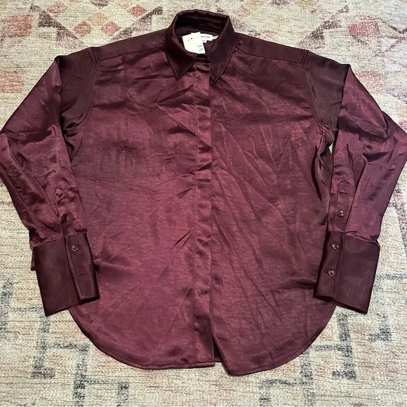 NWT Good American Washed Satin Weekend Shirt Malbec003 Size XXS/XS - Picture 7 of 16